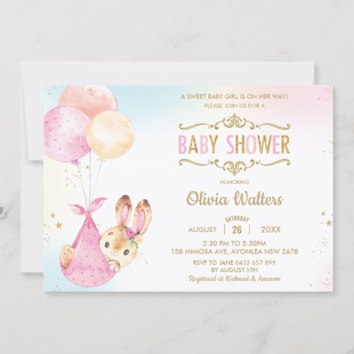 Cute Bunny Rabbit Balloons Baby Shower Girl Invitation | Zazzle