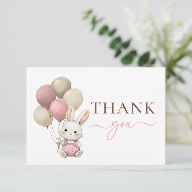 Cute Bunny Rabbit Balloons | Pink Girl Baby Shower Thank You Card (Standing Front)