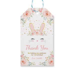 Cute Bunny Rabbit Birthday Blush Gold Floral Party Gift Tags