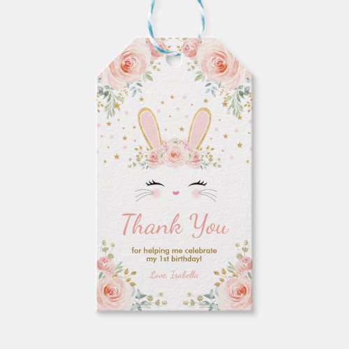 Cute Bunny Rabbit Birthday Blush Gold Floral Party Gift Tags