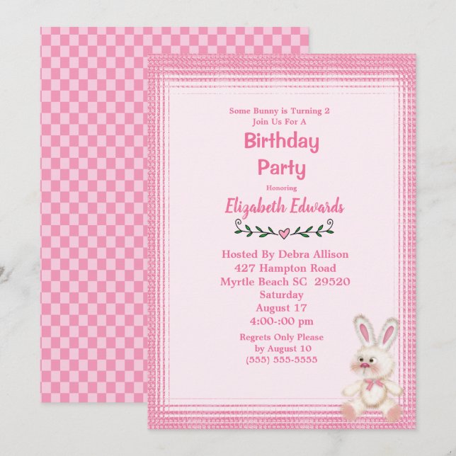 Cute Bunny Rabbit Birthday Party Invitation (Front/Back)