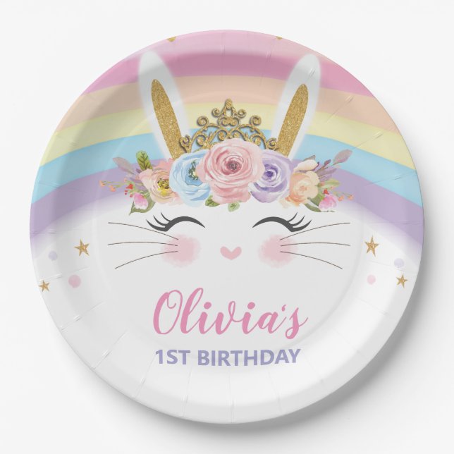 Cute Bunny Rabbit Birthday Party Paper Plates (Front)