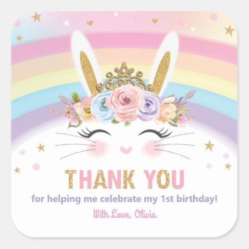 Cute Bunny Rabbit Birthday Thank You Favor Square Sticker