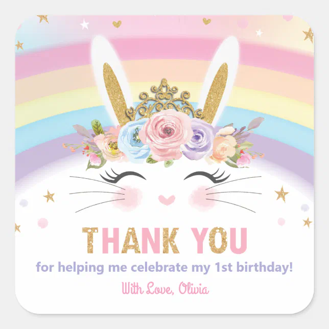 Cute Bunny Rabbit Birthday Thank You Favor Square Sticker | Zazzle