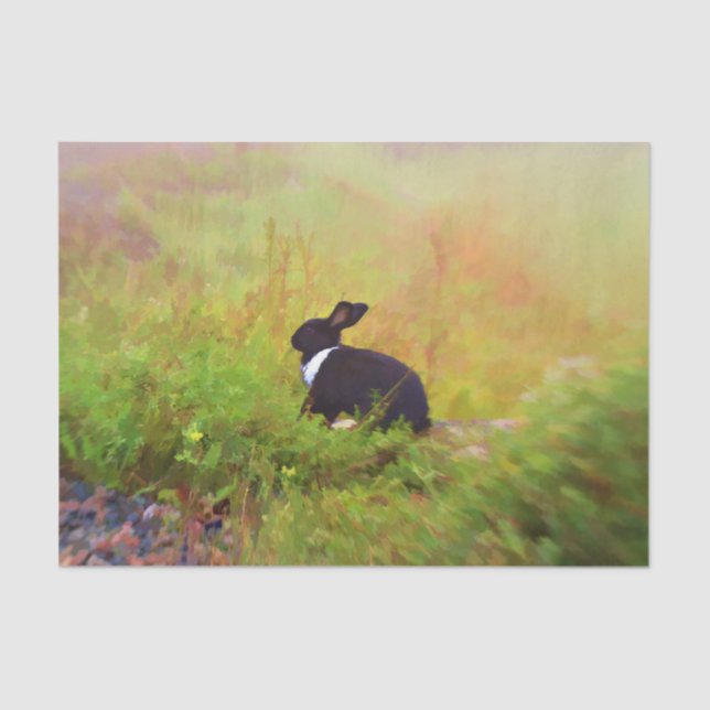Cute Bunny Rabbit Black White Green Woodland Art Tissue Paper (Front)
