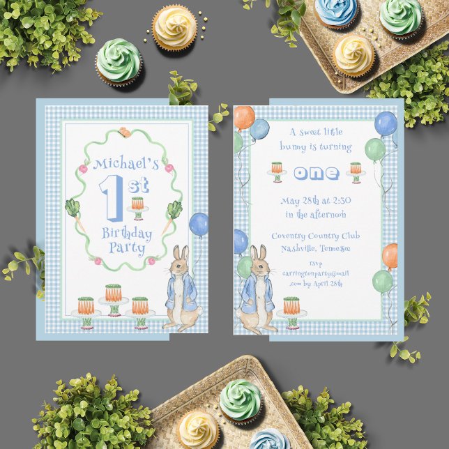 Cute Bunny Rabbit Blue 1st Birthday Party Invitation (Creator Uploaded)