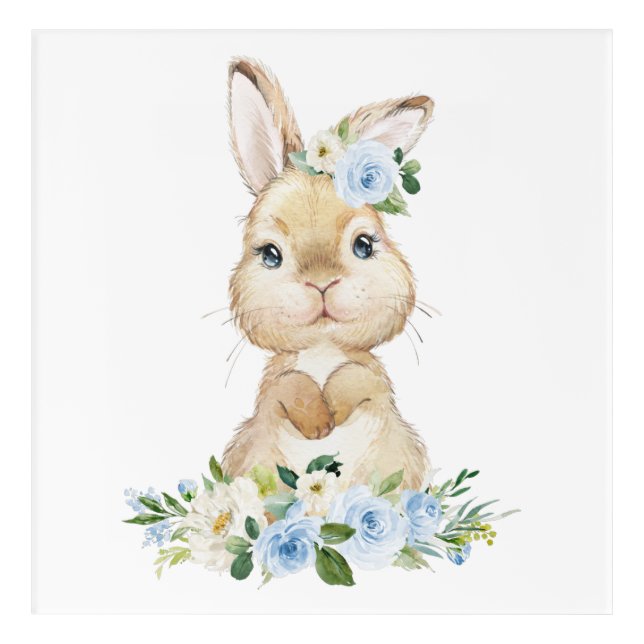 Cute Bunny, Rabbit, Blue Flowers, Boy Nursery Acrylic Print (Front)