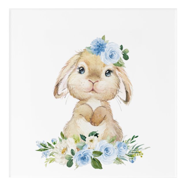 Cute Bunny, Rabbit, Blue Flowers, Boy Nursery Acrylic Print (Front)