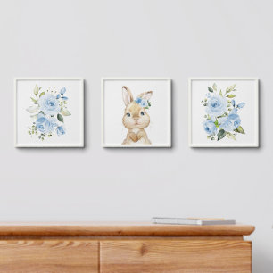 Cute Bunny, Rabbit, Blue Flowers, Boy Nursery Peel And Stick Photo Tile