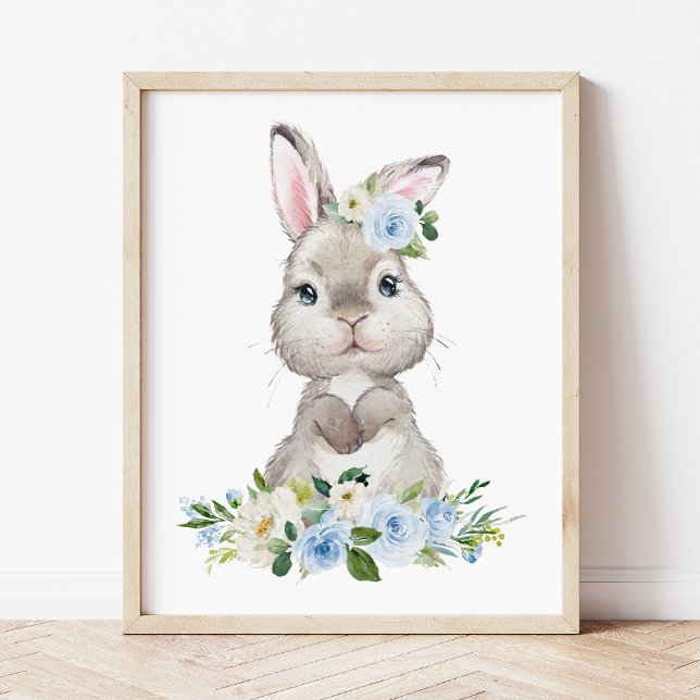Cute Bunny, Rabbit, Blue Flowers, Boy Nursery Photo Print (Creator Uploaded)