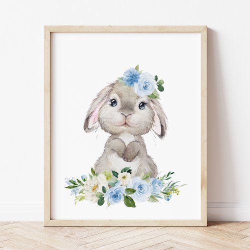 Cute Bunny Rabbit Blue Flowers Boy Nursery Poster