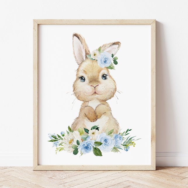 Cute Bunny, Rabbit, Blue Flowers, Boy Nursery Poster (Creator Uploaded)