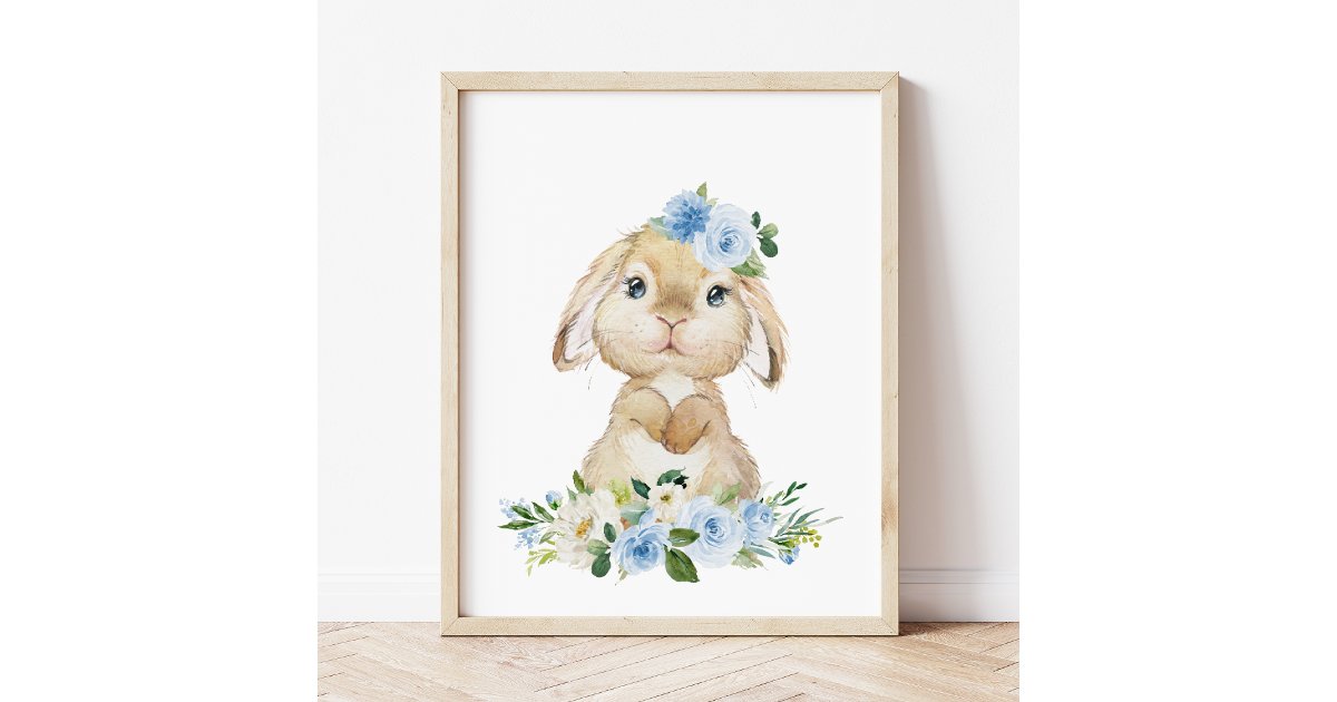 Cute Bunny, Rabbit, Blue Flowers, Boy Nursery Poster | Zazzle