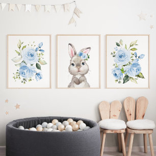Cute Bunny, Rabbit, Blue Flowers, Boy Nursery Wall Art Sets