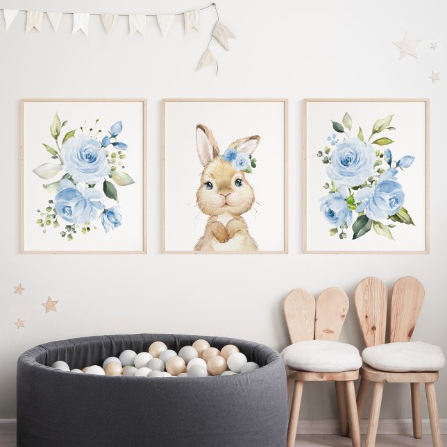 Cute Bunny, Rabbit, Blue Flowers, Boy Nursery Wall Art Sets (Creator Uploaded)