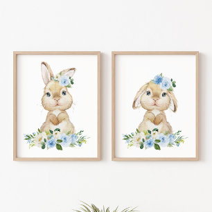 Cute Bunny, Rabbit, Blue Flowers, Boy Nursery Wall Art Sets