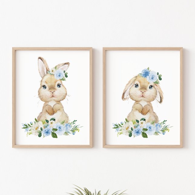 Cute Bunny, Rabbit, Blue Flowers, Boy Nursery Wall Art Sets (Creator Uploaded)