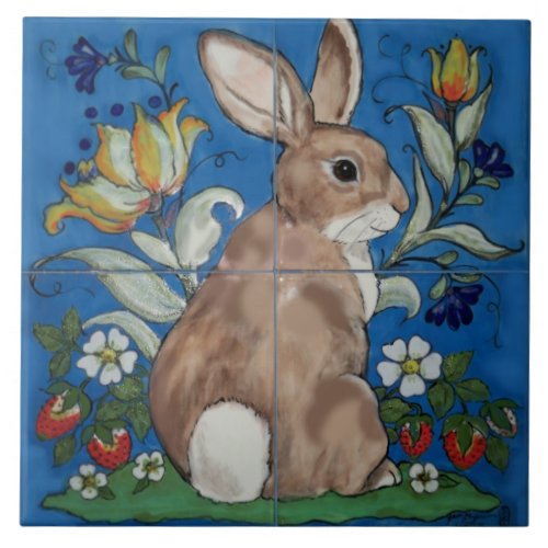 Cute Bunny Rabbit Blue Spring Floral Easter Trivet