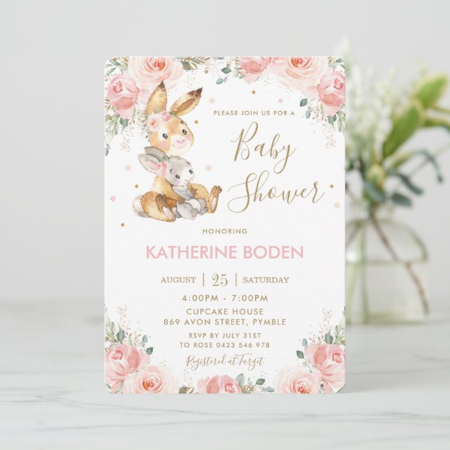 Cute Bunny Rabbit Blush Pink Floral Baby Shower  Invitation (Standing Front)