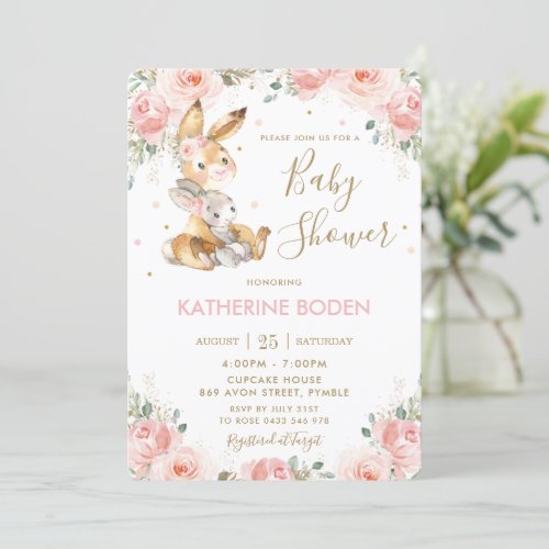 Cute Bunny Rabbit Blush Pink Floral Baby Shower  Invitation