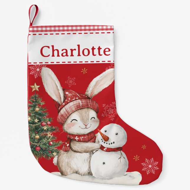 Cute Bunny Rabbit Building a Snowman Red Gingham  Small Christmas Stocking (Front)