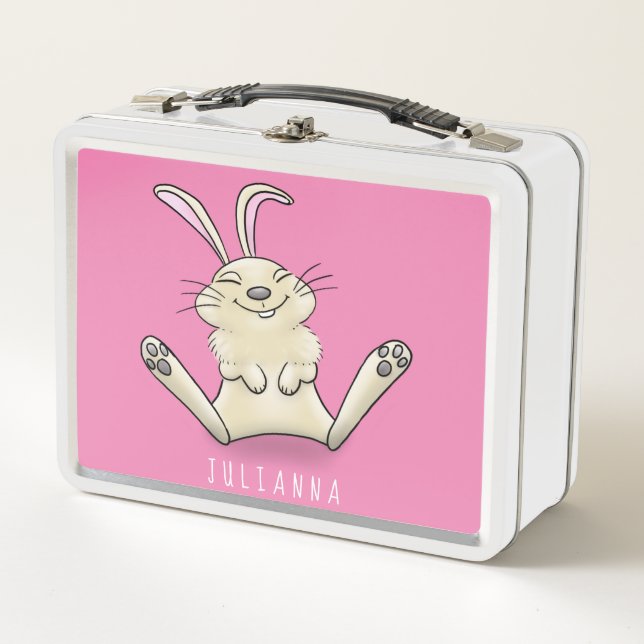 Cute bunny rabbit cartoon illustration metal lunch box (Front)