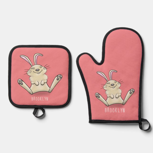 Cute bunny rabbit cartoon illustration oven mitt & pot holder set (Front)