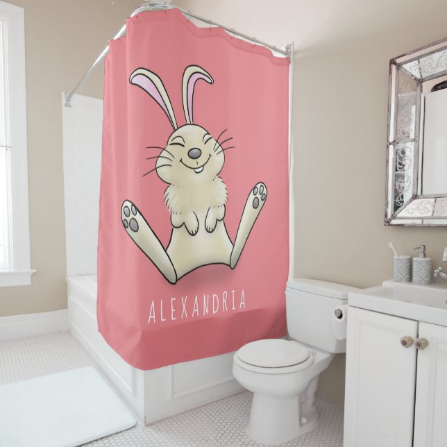 Cute bunny rabbit cartoon illustration shower curtain (In Situ)