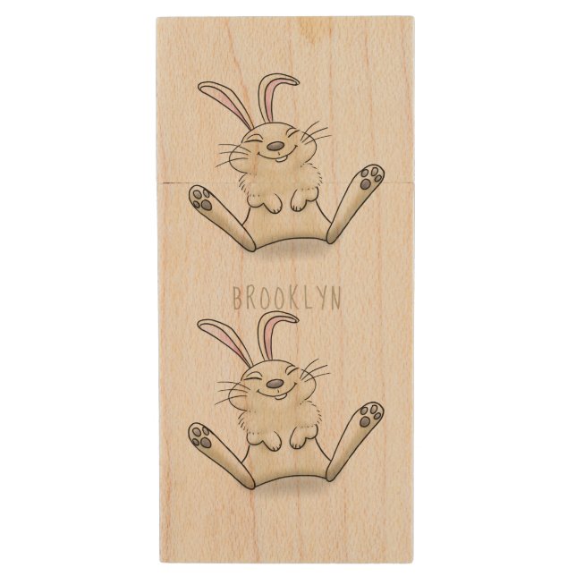 Cute bunny rabbit cartoon illustration wood flash drive (Front Vertical)