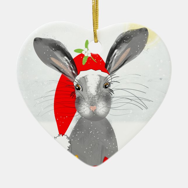 Cute Bunny Rabbit Christmas Holiday Theme Ceramic Ornament (Front)
