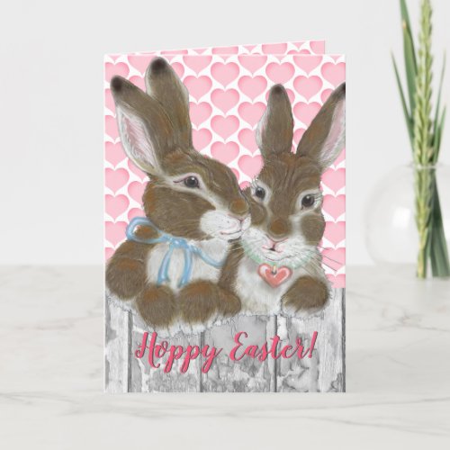 Cute Bunny Rabbit Easter Pink Hearts Pastel Holiday Card
