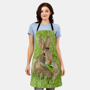 Cute Bunny Rabbit Eating Leaves Green Grass Apron
