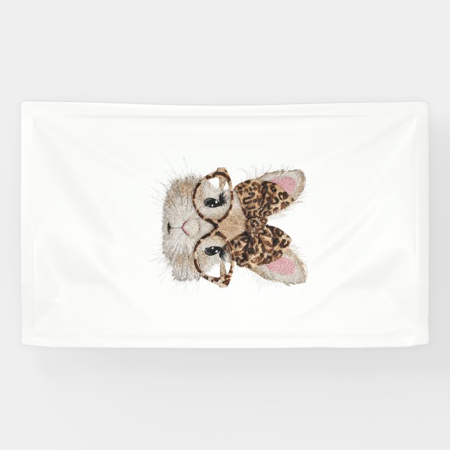 Cute Bunny Rabbit Face Leopard Coquette Bow Glasse Banner (Horizontal)