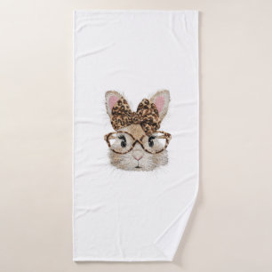 Cute Bunny Rabbit Face Leopard Coquette Bow Glasse Bath Towel
