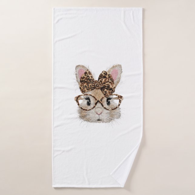 Cute Bunny Rabbit Face Leopard Coquette Bow Glasse Bath Towel (Bath Towel)