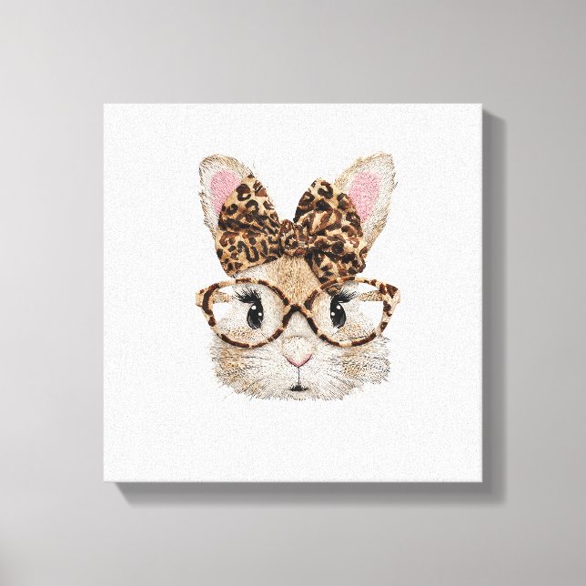 Cute Bunny Rabbit Face Leopard Coquette Bow Glasse Canvas Print (Front)