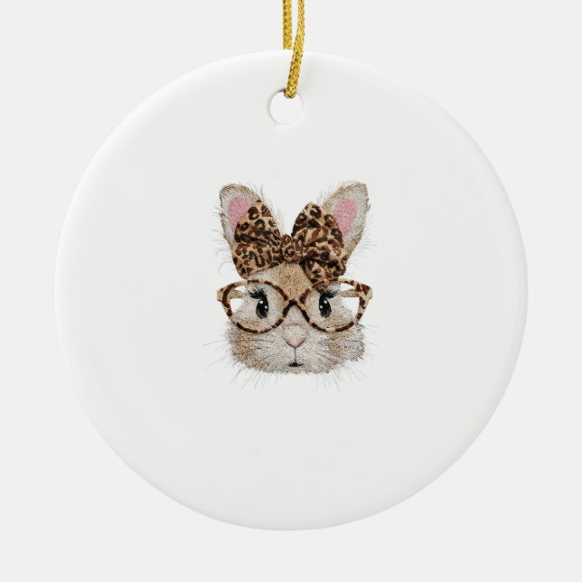 Cute Bunny Rabbit Face Leopard Coquette Bow Glasse Ceramic Ornament (Front)