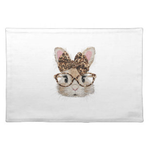 Cute Bunny Rabbit Face Leopard Coquette Bow Glasse Cloth Placemat