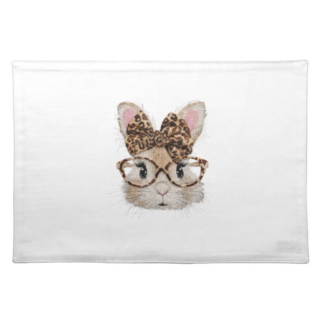 Cute Bunny Rabbit Face Leopard Coquette Bow Glasse Cloth Placemat (Front)