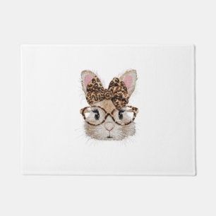 Cute Bunny Rabbit Face Leopard Coquette Bow Glasse Doormat