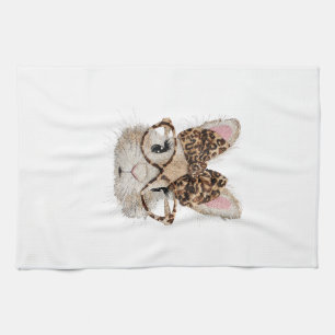 Cute Bunny Rabbit Face Leopard Coquette Bow Glasse Kitchen Towel