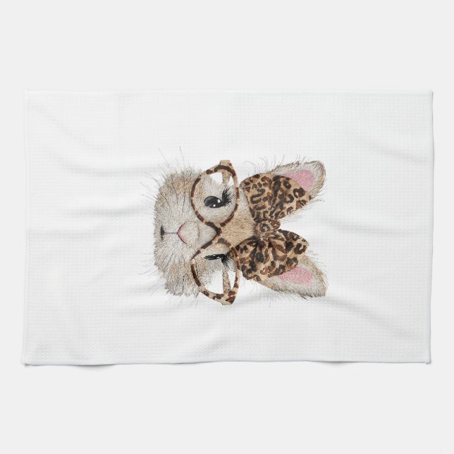 Cute Bunny Rabbit Face Leopard Coquette Bow Glasse Kitchen Towel (Horizontal)