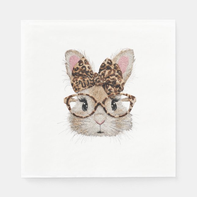Cute Bunny Rabbit Face Leopard Coquette Bow Glasse Napkins (Front)