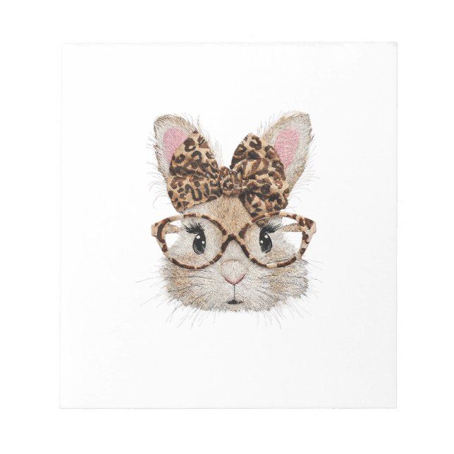 Cute Bunny Rabbit Face Leopard Coquette Bow Glasse Notepad (Front)