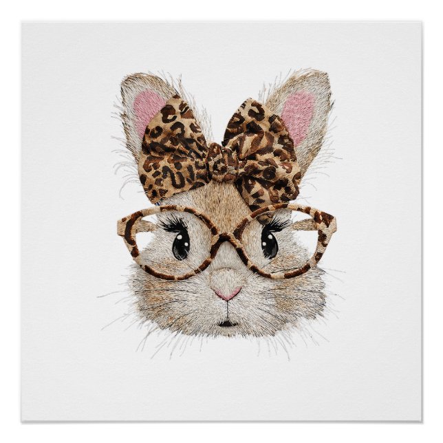 Cute Bunny Rabbit Face Leopard Coquette Bow Glasse Poster (Front)