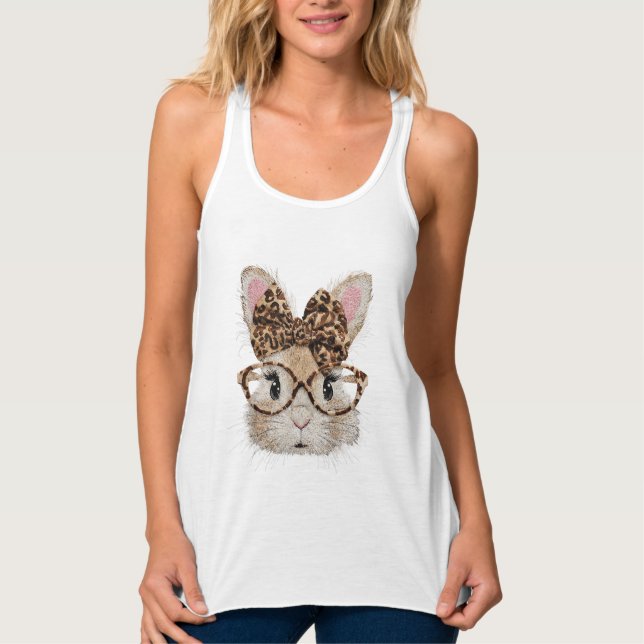 Cute Bunny Rabbit Face Leopard Coquette Bow Glasse Tank Top (Front)