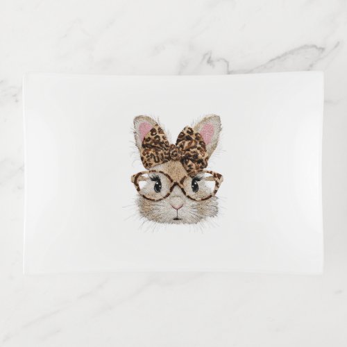 Cute Bunny Rabbit Face Leopard Coquette Bow Glasse Trinket Tray