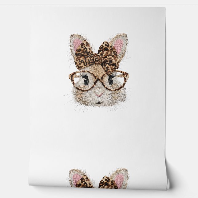 Cute Bunny Rabbit Face Leopard Coquette Bow Glasse Wallpaper (Unrolling)