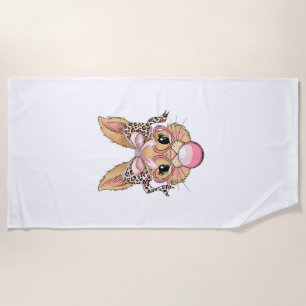 Cute Bunny Rabbit Face Leopard Glasses Girl Happy  Beach Towel