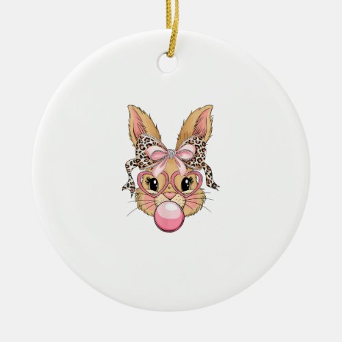 Cute Bunny Rabbit Face Leopard Glasses Girl Happy  Ceramic Ornament